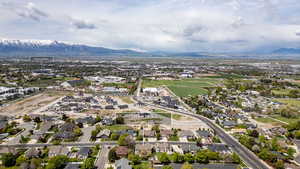 Aerial perspective of suburban area with mountains