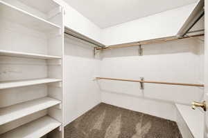 Walk in closet with dark carpet