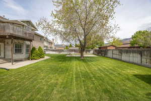 Fenced backyard with a patio and a residential view