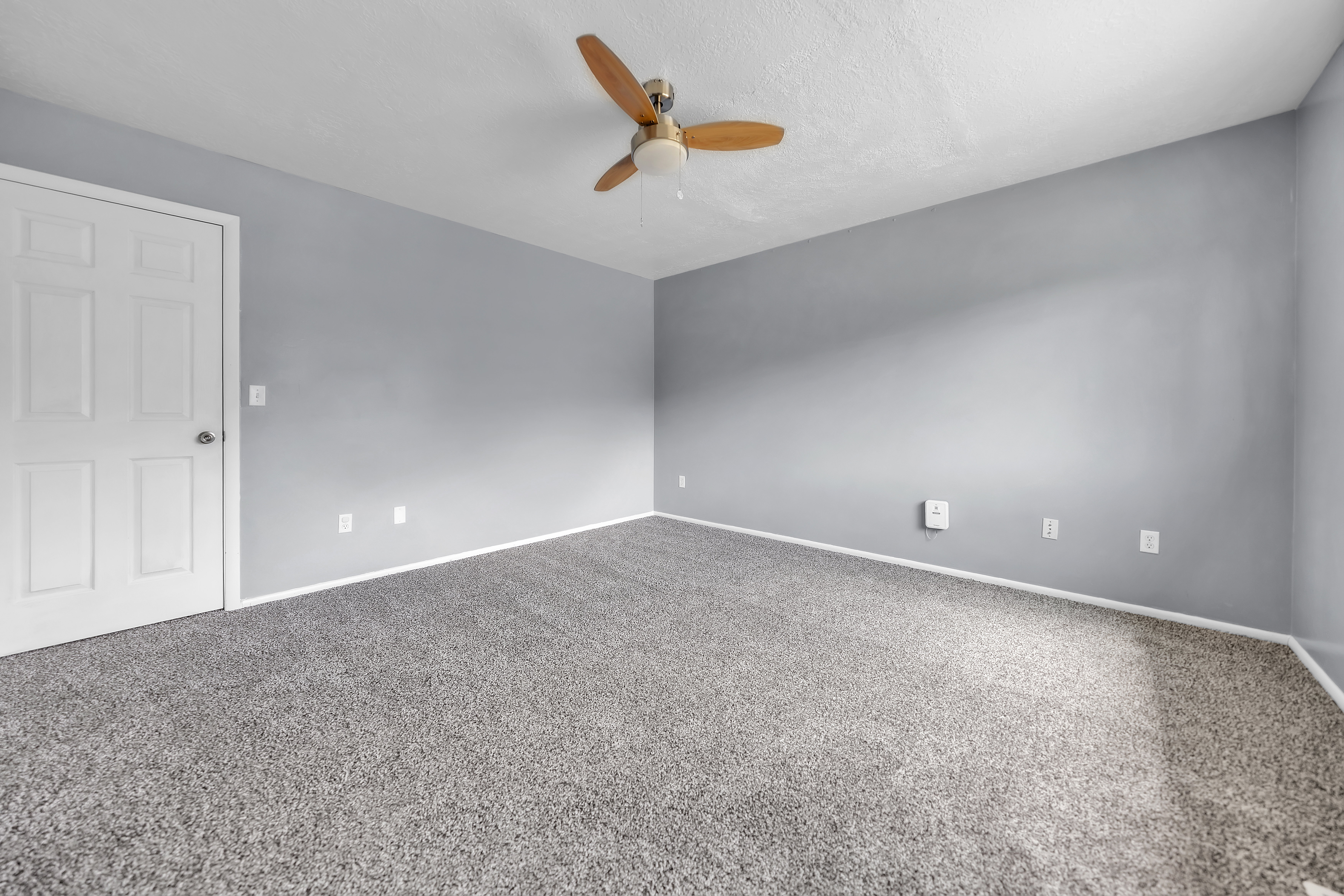 Spacious room featuring neutral gray wall paint, textured carpeting, a multi-blade ceiling fan, white baseboards, and a paneled white door