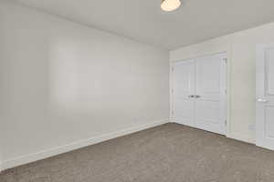 Unfurnished bedroom featuring carpet and a closet