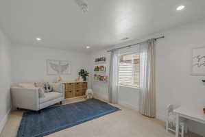 Sitting room featuring recessed lighting and light colored carpet
