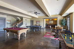 Rec room featuring ceiling fan, recessed lighting, pool table, and beam ceiling
