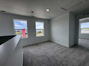 Spare room with carpet flooring and a textured ceiling