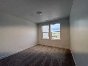 Carpeted spare room with a textured ceiling and a textured wall