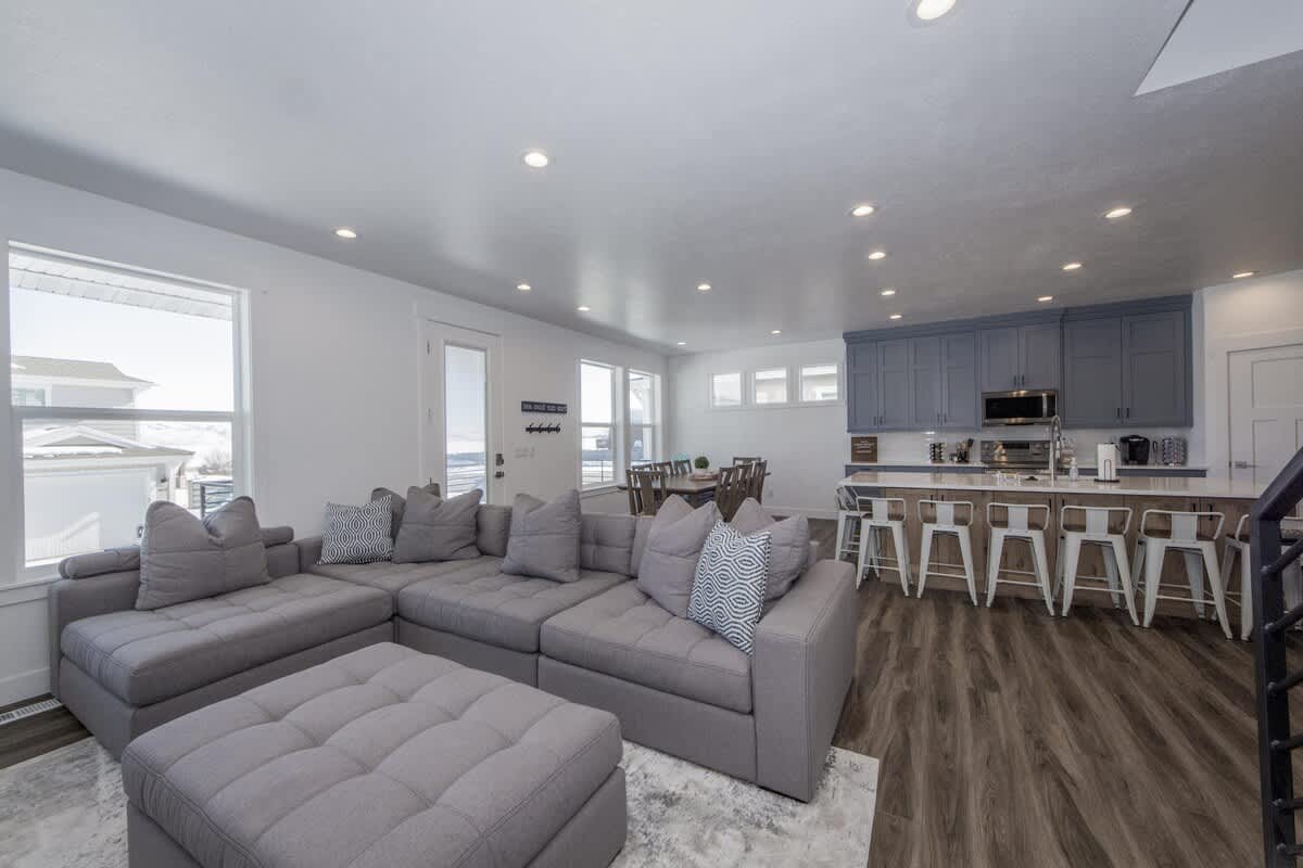 Open living, kitchen, dining