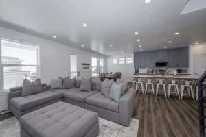 Open living, kitchen, dining