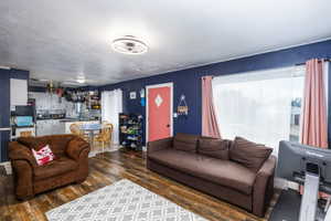 Living area featuring dark wood finished floors and ceiling fan