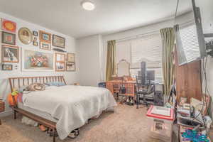 Carpeted bedroom with an office area