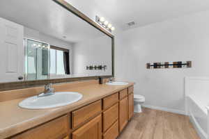 Bathroom with double vanity, light wood finished floors, a shower stall, and a garden tub