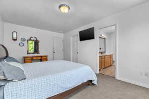 Bedroom with light colored carpet and ensuite bathroom