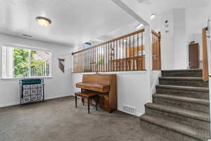 Stairway featuring carpet flooring and a textured ceiling