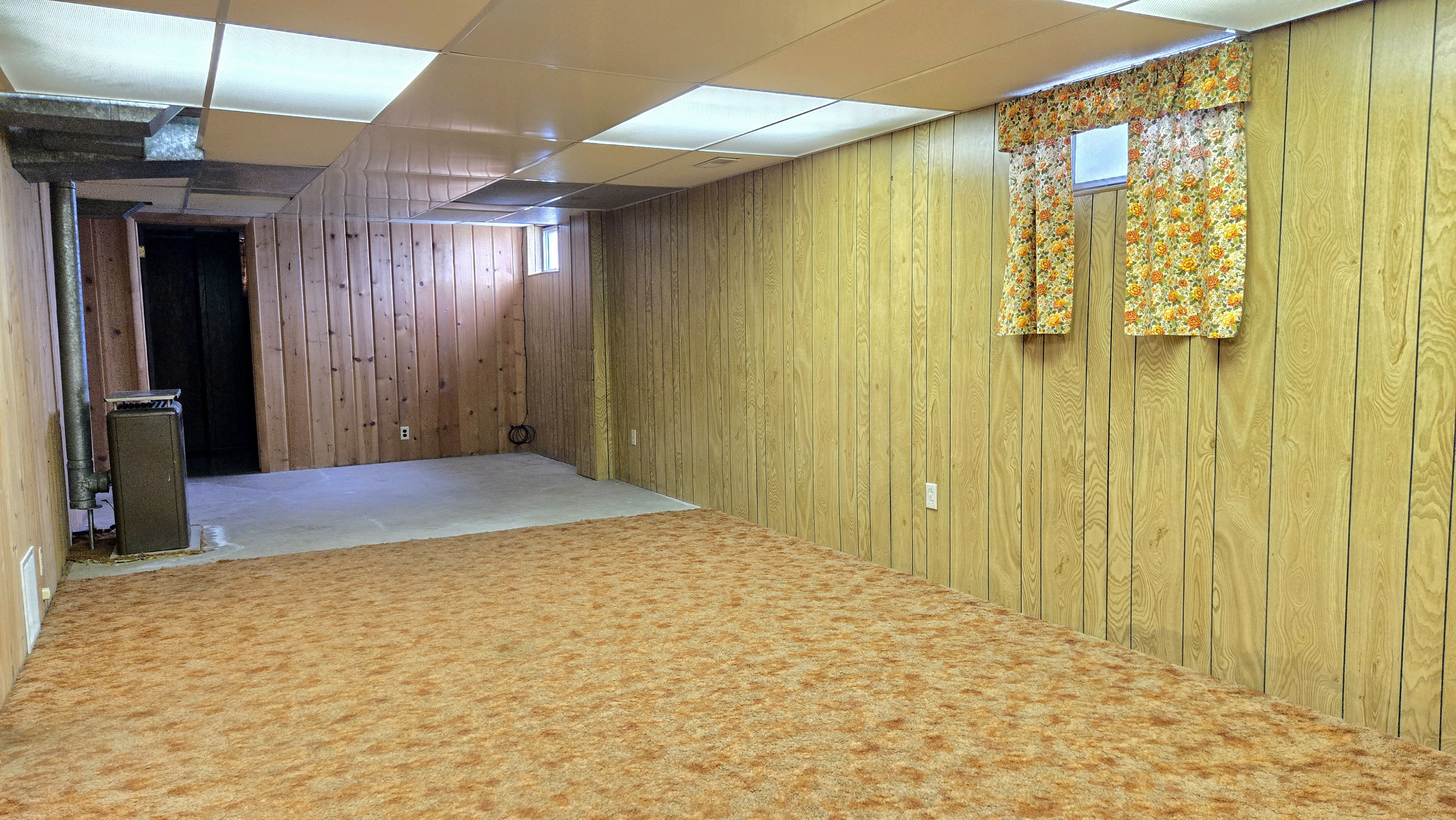 Finished basement featuring wooden walls, carpet, and a drop ceiling
