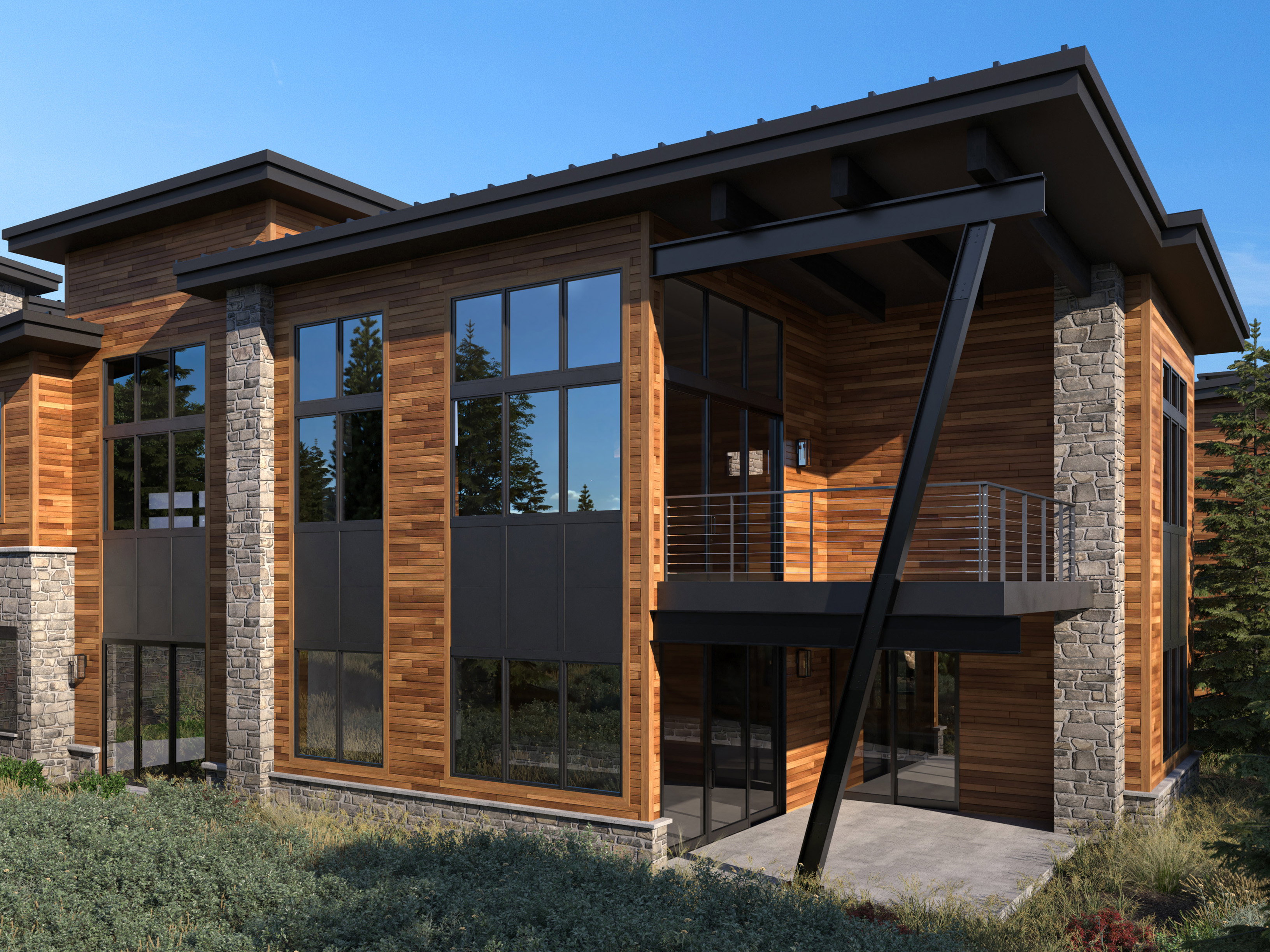 View of home's exterior with stone siding and a balcony