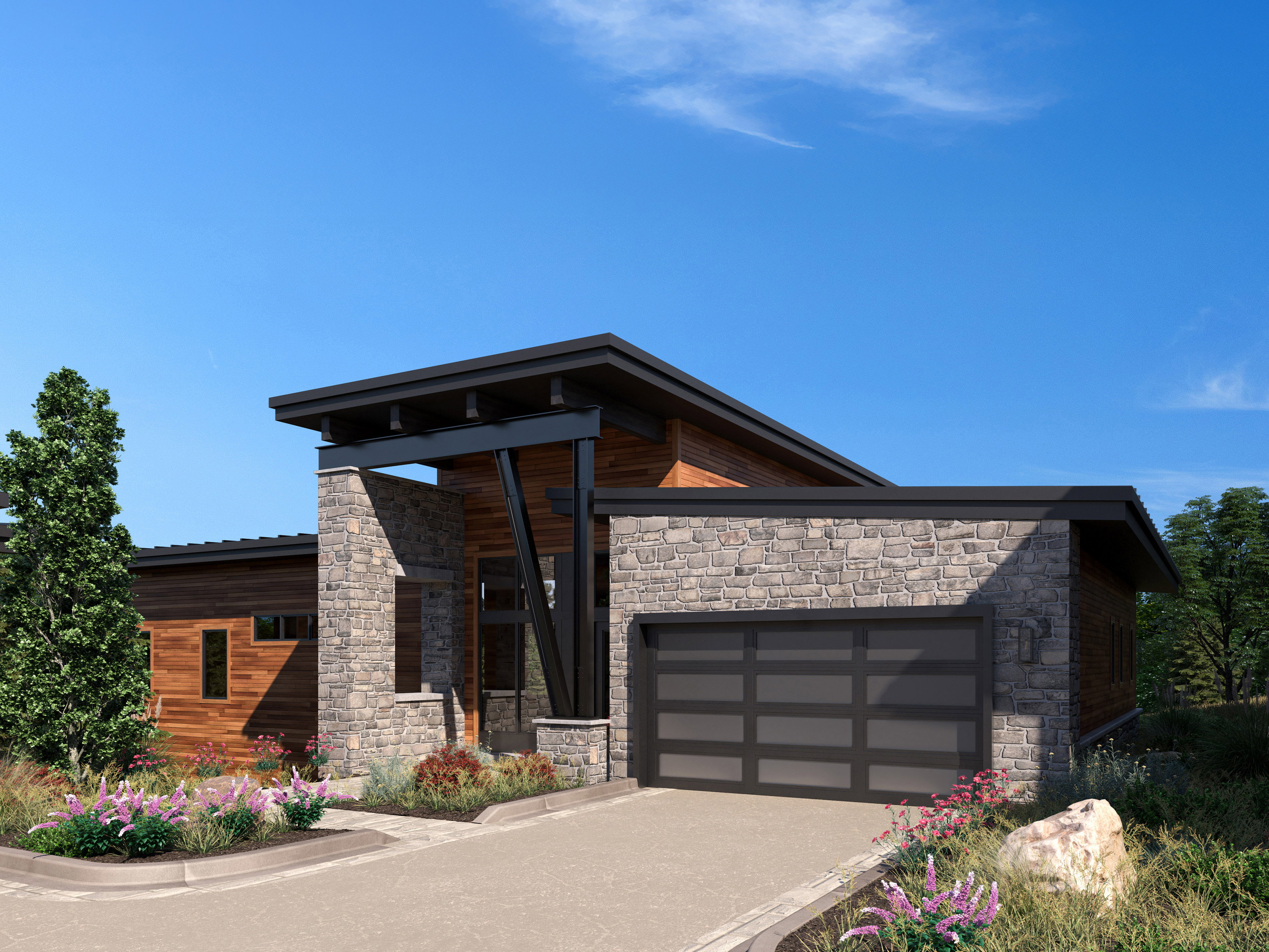 Modern home featuring stone siding, an attached garage, and concrete driveway