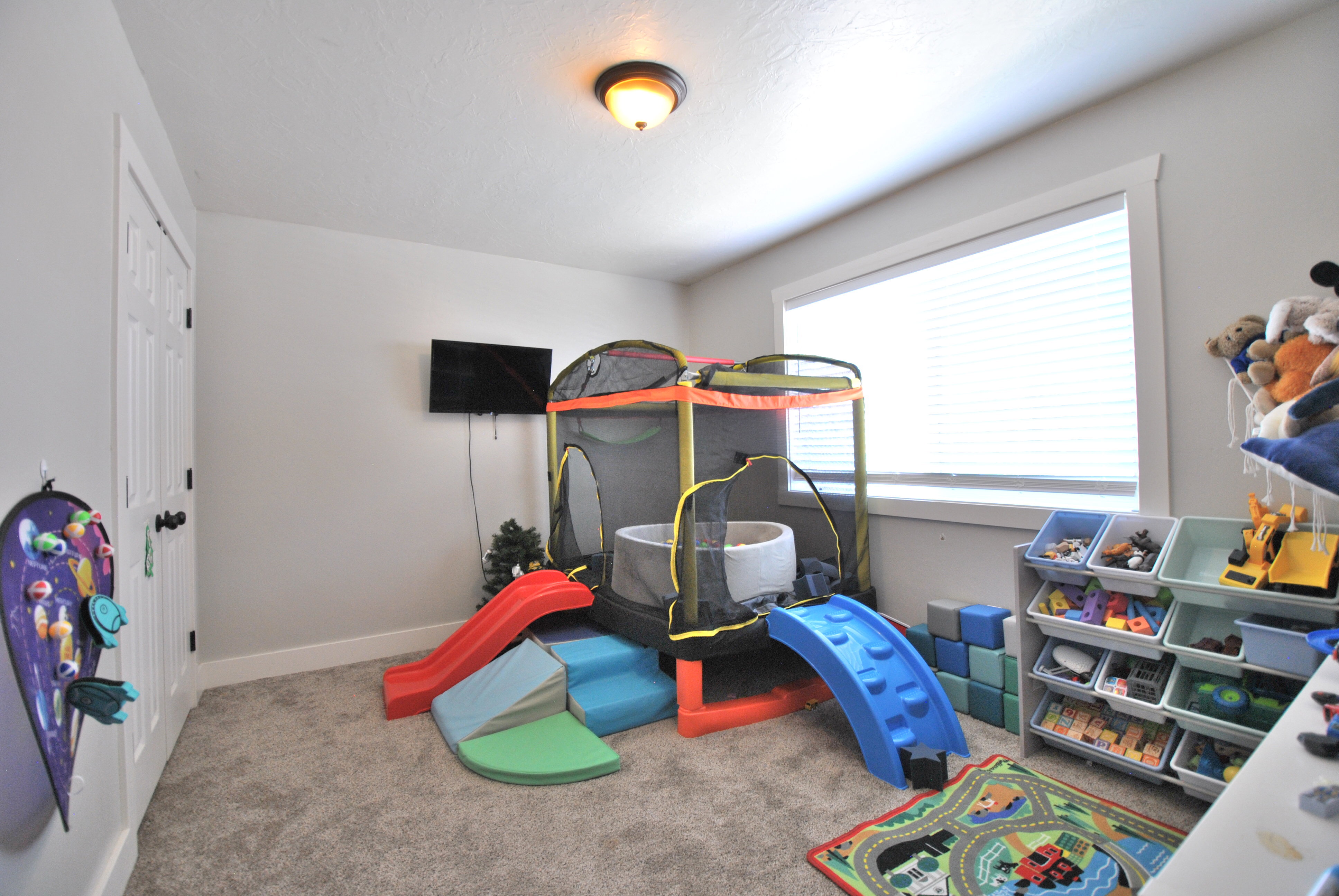 Bedroom with light carpet