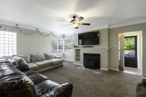 Living area with carpet floors, a ceiling fan, and ornamental molding