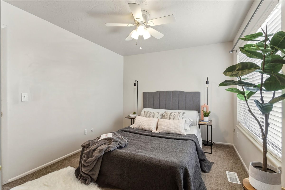 Bedroom featuring multiple windows, carpet floors, and a ceiling fan