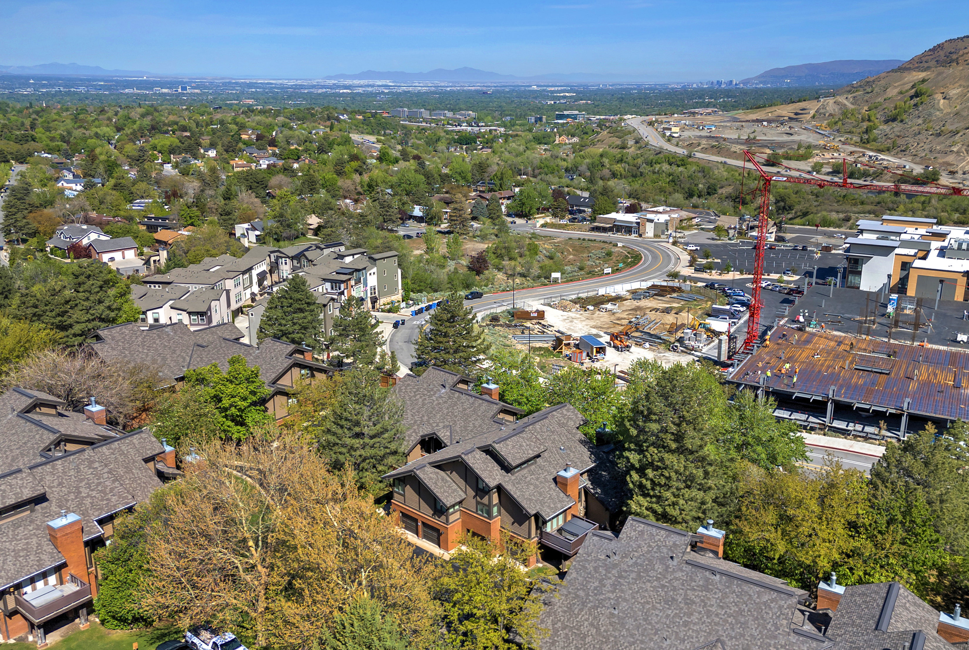Aerial perspective of suburban area featuring mountains