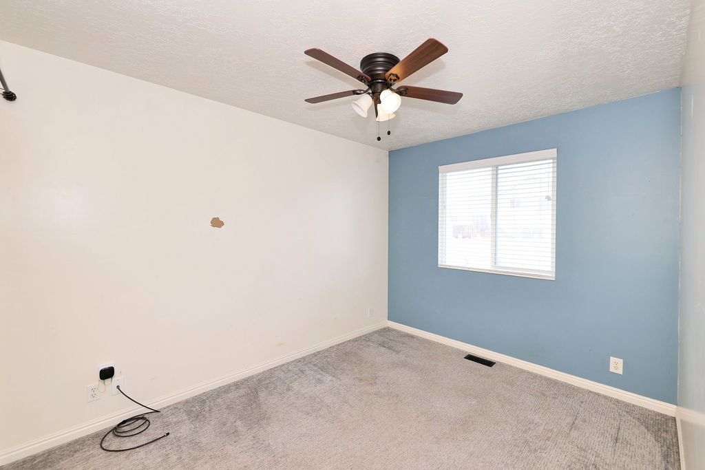 Unfurnished room featuring carpet, a textured ceiling, and a ceiling fan
