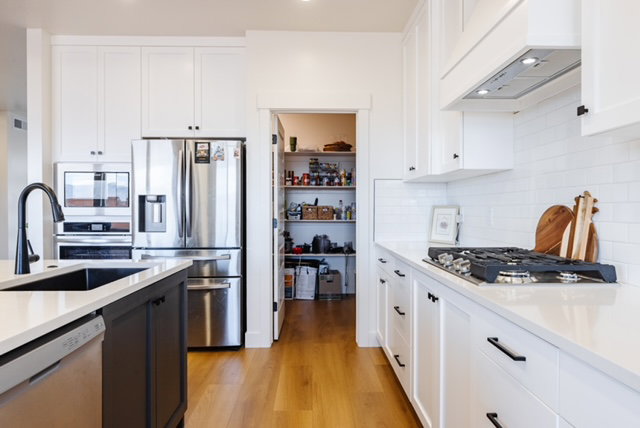 Gourmet kitchen with white cabinetry, stainless steel appliances, a gas cooktop, and a walk-in pantry