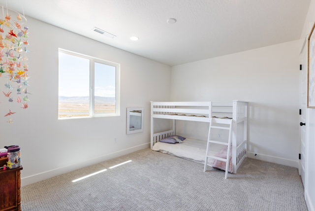 Bedroom featuring neutral-toned carpeting, bright white walls, and a large window