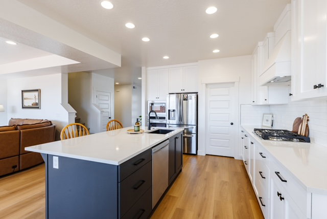 Modern kitchen featuring a large central island with a light-toned countertop, black cabinetry, and an integrated stainless steel dishwasher