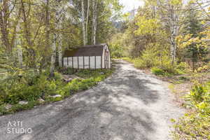 View of asphalt driveway with a view of trees
