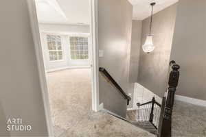 Stairway featuring carpet and baseboards