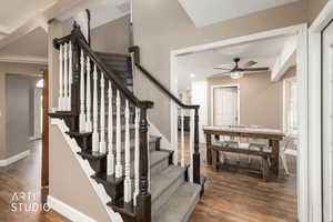 Staircase featuring wood finished floors and a ceiling fan