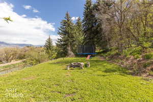 View of green lawn with a trampoline, an outdoor fire pit, and a mountain view