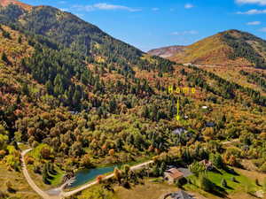 Expansive mountainous terrain with varied foliage, featuring a property nestled among numerous trees