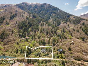 View of mountain backdrop featuring a heavily wooded area