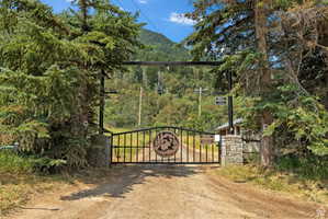 Gated entrance featuring stone pillars and a decorative metal gate with a custom medallion