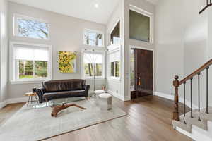 Entrance foyer featuring a high ceiling and wood floors
