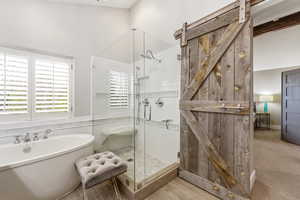 Primary bathroom featuring a freestanding bath and a shower stall