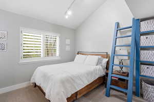 Bedroom featuring lofted ceiling, carpet, and rail lighting
