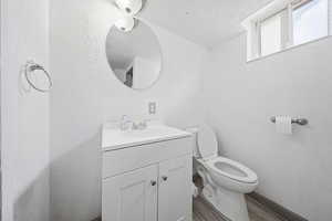 Bathroom with vanity, a textured wall, a textured ceiling, and wood finished floors