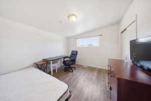 Room featuring wood-finish flooring, a vaulted ceiling, and a double window with exterior views