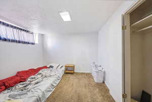 Recessed window with striped valance, white walls, and brown carpet flooring