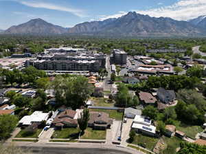 Aerial view of residential area with mountains
