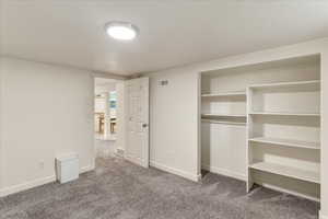Unfurnished bedroom with a closet and dark colored carpet