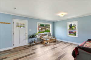 Sitting room with ornamental molding and light wood-style flooring