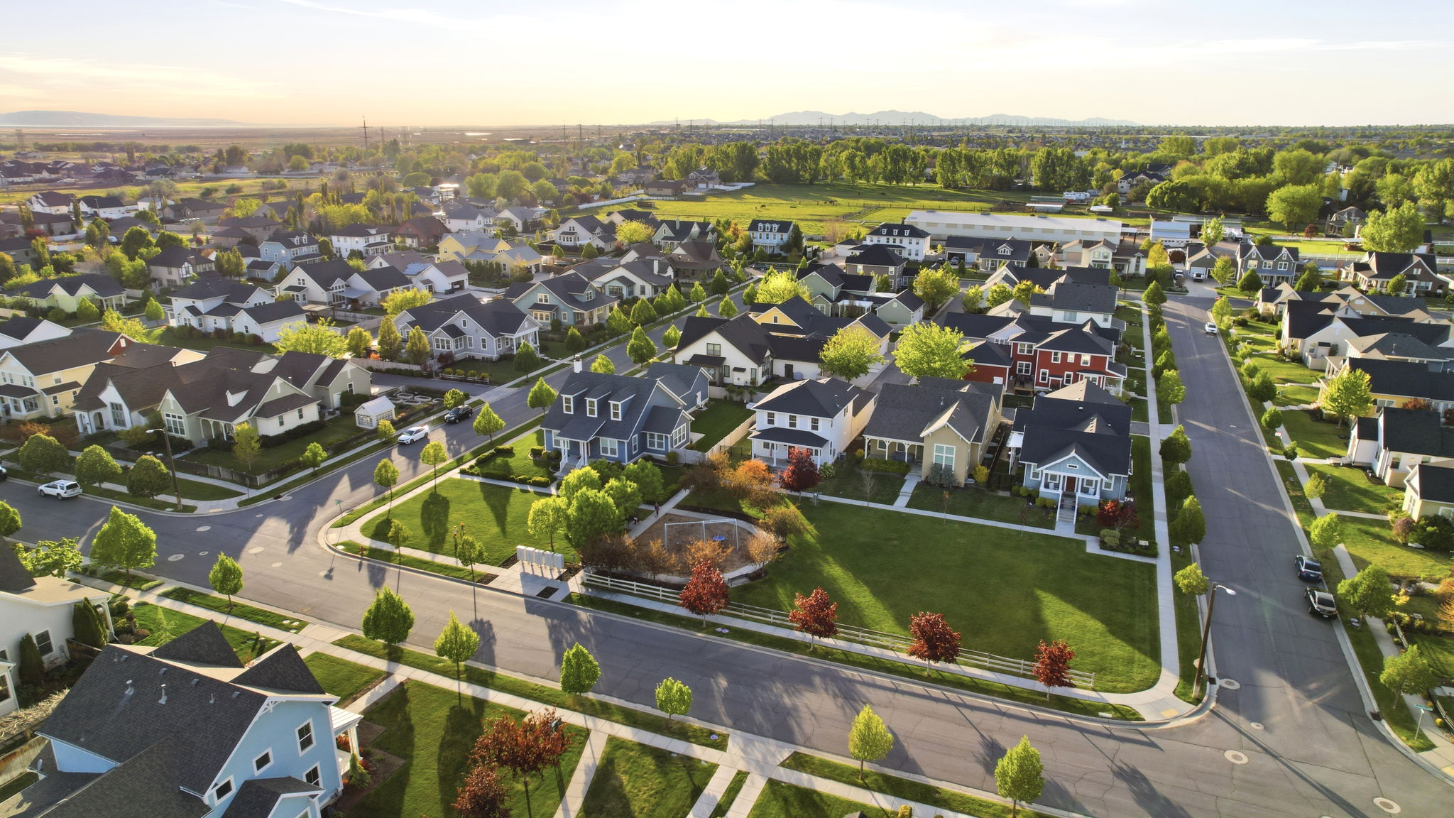 Aerial view at dusk of a residential view