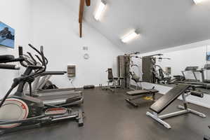 Gym featuring vaulted ceiling and a ceiling fan