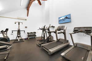 Exercise room with ceiling fan and vaulted ceiling