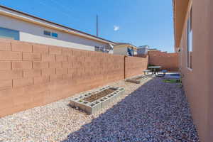 Fenced backyard featuring a vegetable garden