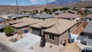 Aerial view of residential area with mountains