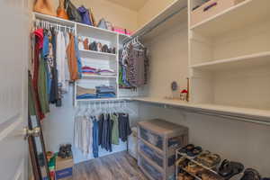 Walk in closet featuring dark wood-style floors