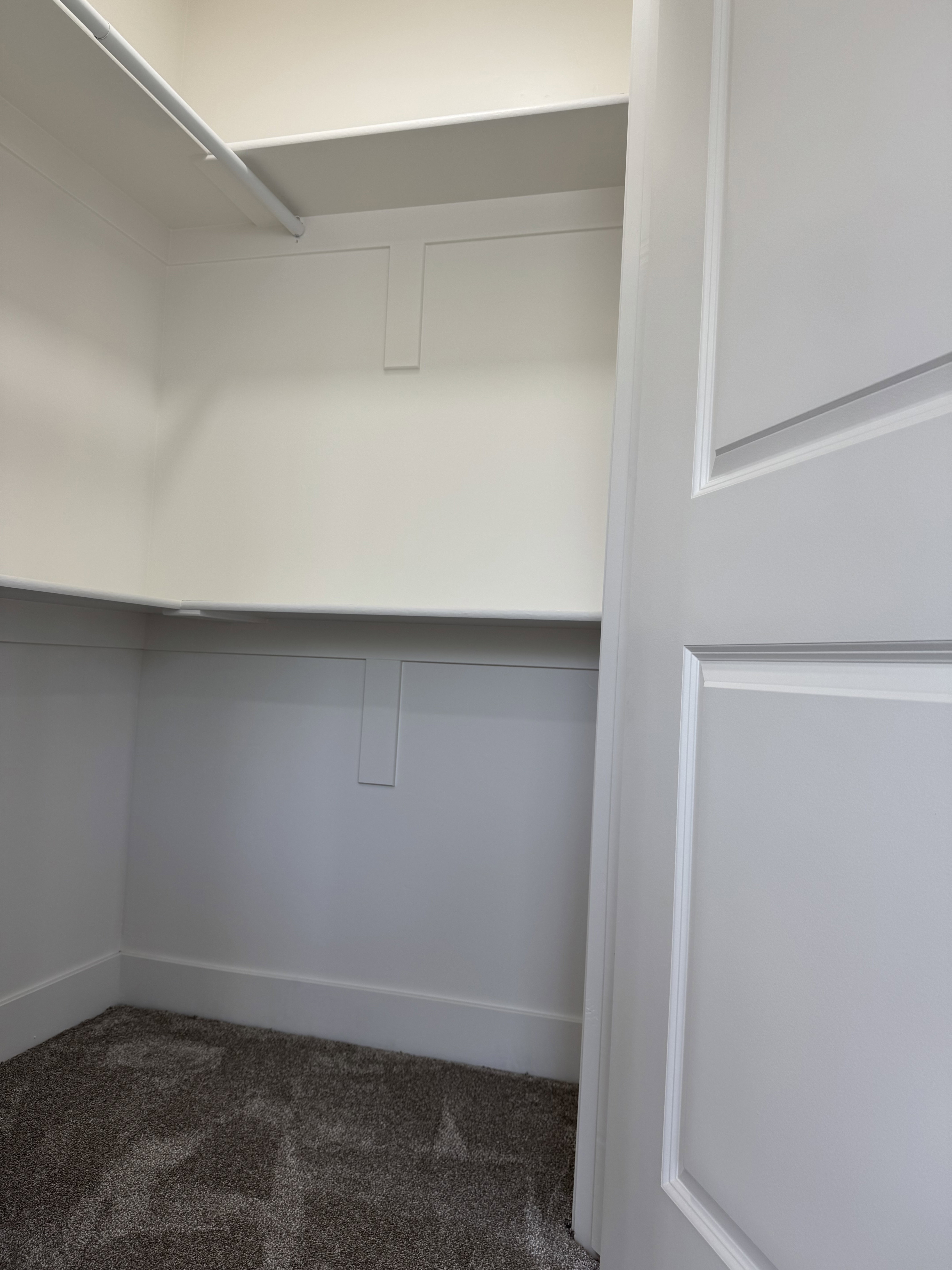 Walk in closet featuring dark colored carpet